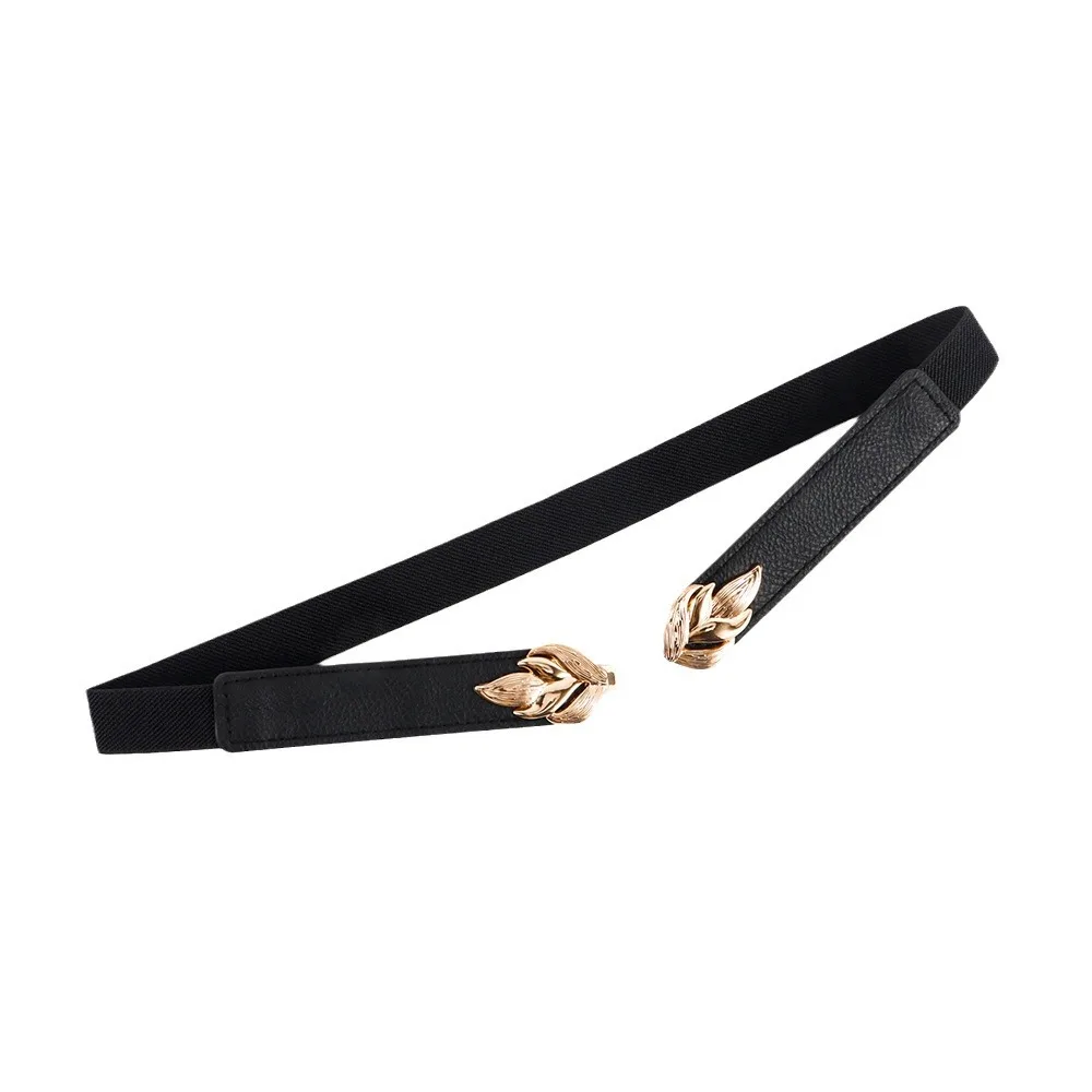 Temperament Women\'s Elastic Thin Elastic Bag Leaf Buckle Belt Metal Gold Buckle Belt Women\'s Fashion Bag Leaf Belt Dress