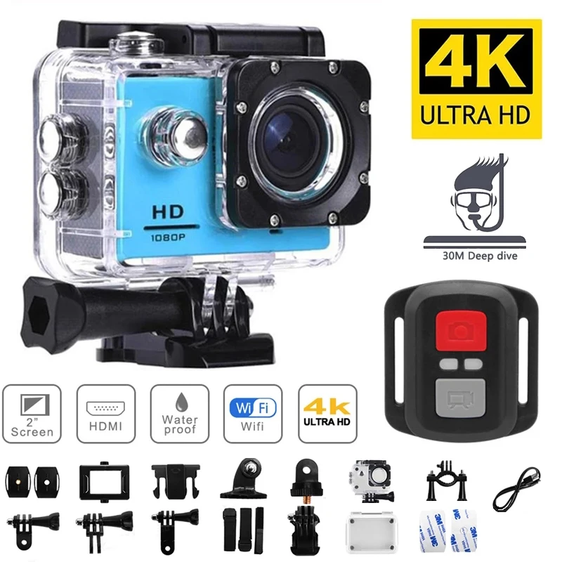 Mini Action Camera 4K Video Shooting Sport Camera 720P/30FPS WiFi 2.0 inch Screen 170D Underwater Waterproof Remote Helmet Video