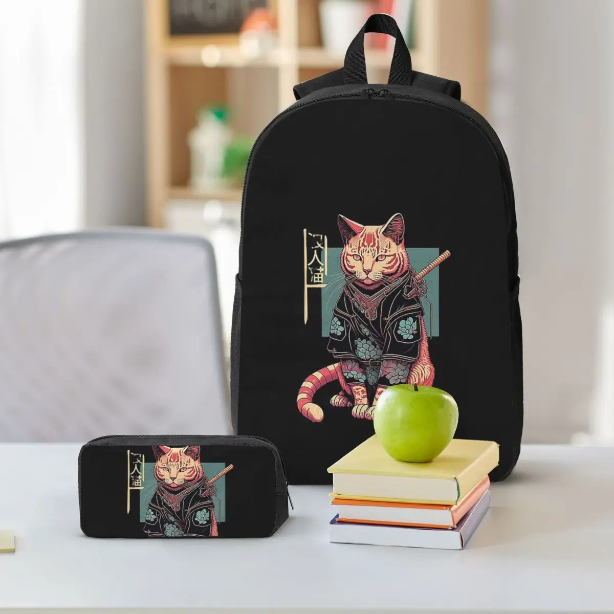 القطط أنيمي سيف ساموراي على ظهره طالب صبي فتاة الكتب حقيبة مدرسية حقائب كتف الكمبيوتر 3ps معزول حقيبة الغداء مقلمة