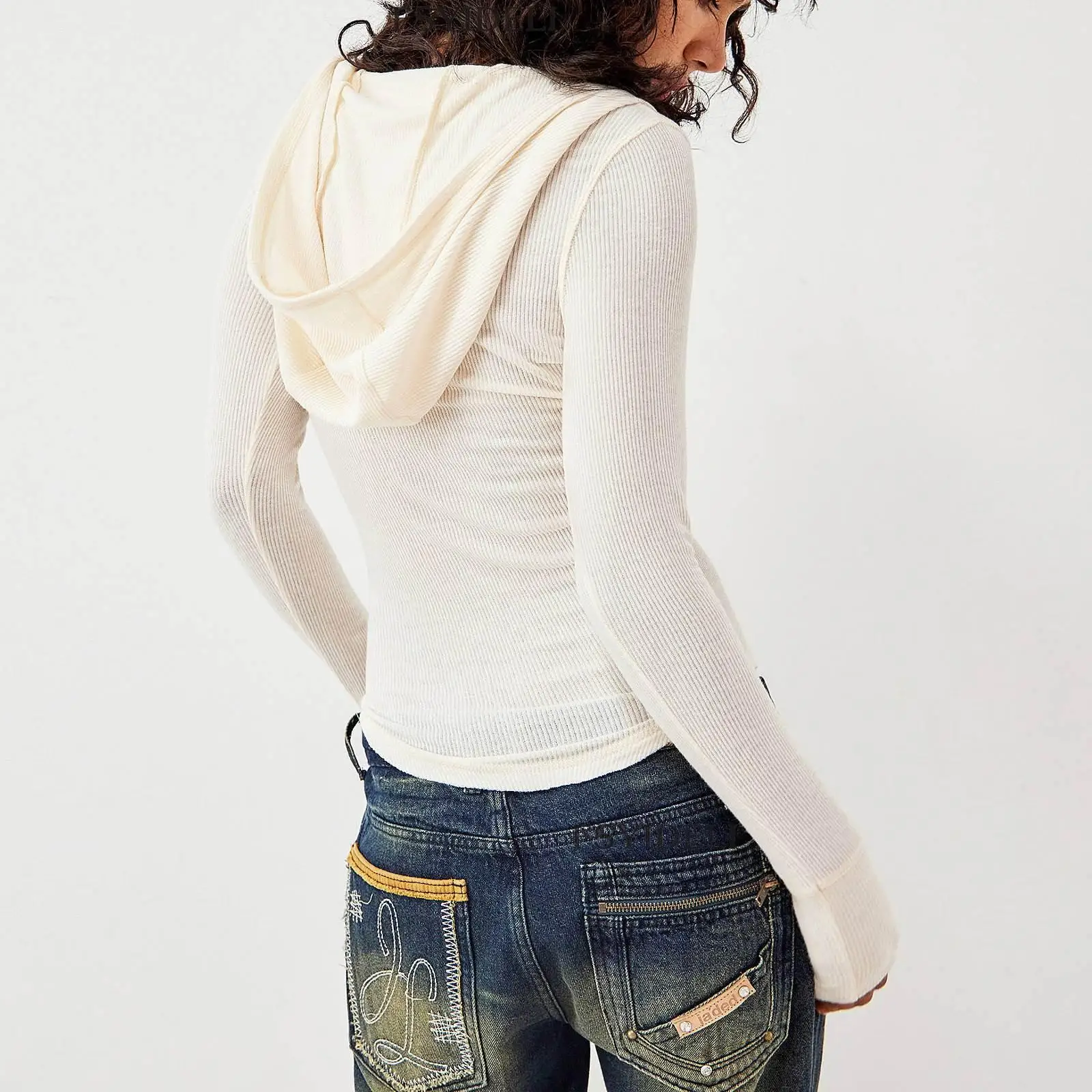 2023 تي شيرت ضيق بقلنسوة واحدة الصدر ort Top Street Sle لون نقي طويل Sve بوليستر ربيع الخريف المرأة Fa...