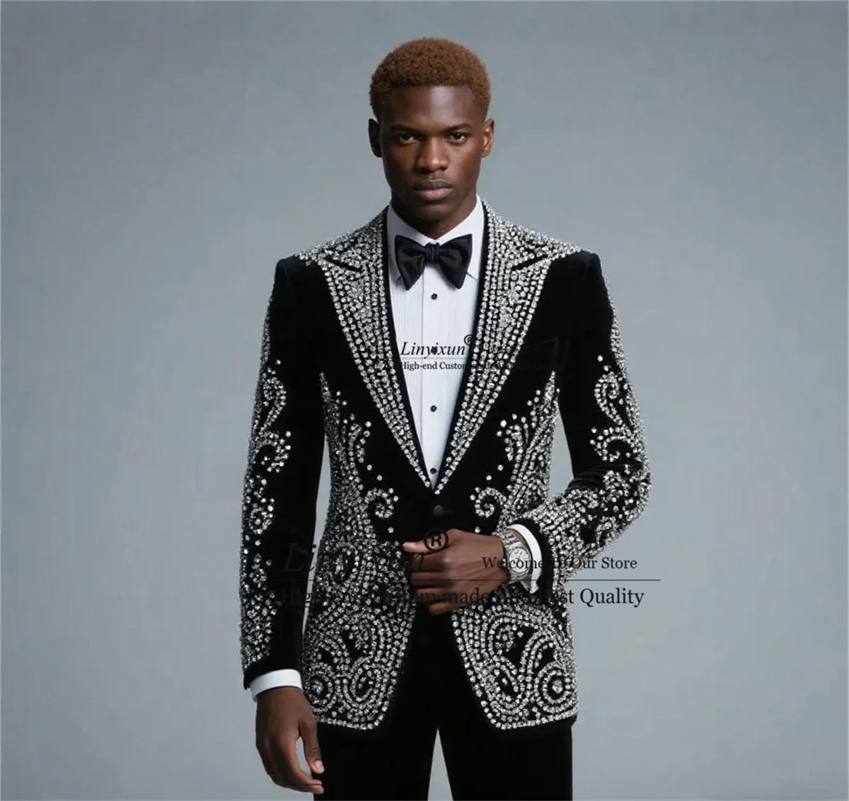 Sparkly Jewelry Ornament Men Suits 2 Pieces Sets Wedding Groom Male Prom Blazer Customized Slim Fit Party Tuxedos Ropa Hombre