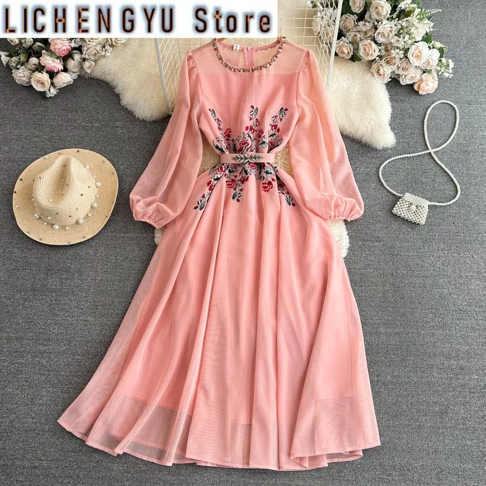 

Sweet Style Diamonds Patchwork O-neck Long-sleeve Mesh Contrast Color High Waist Women's Dress Summer New Dresses