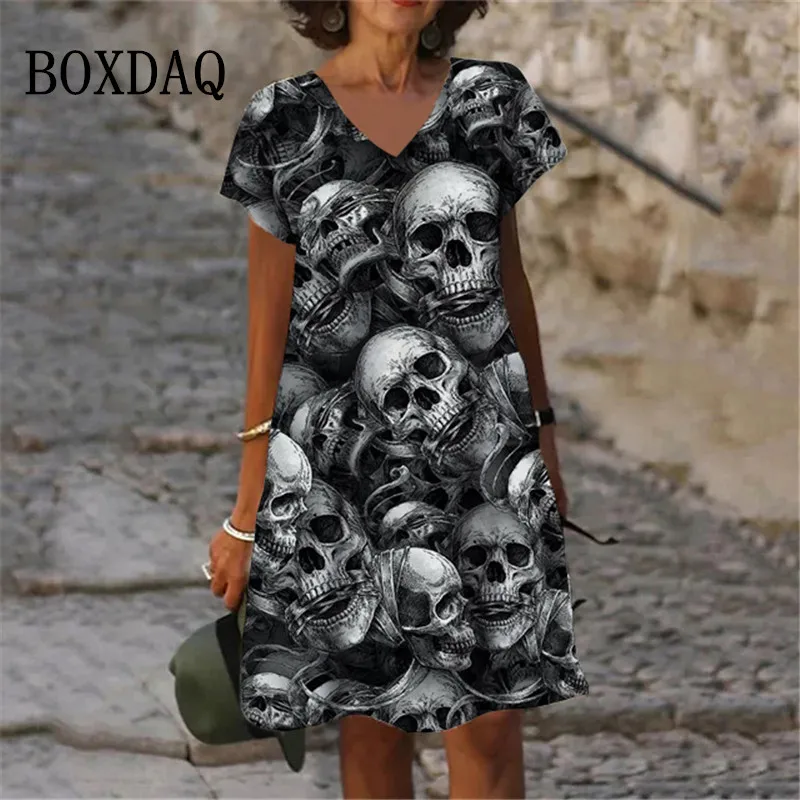 2023 Fashion Dresses Hot Sale 3D Printing Terror White Skull Pattern Women\'s Dress Casual V-Neck Short Sleeve Oversized Clothing