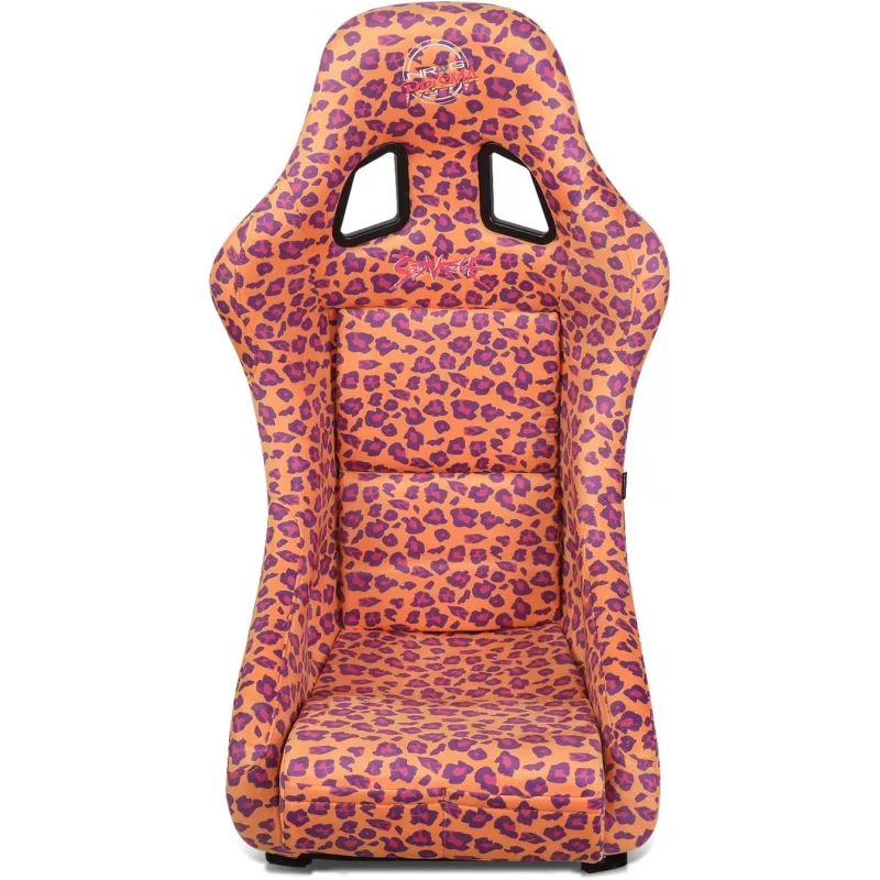 NRG-FRP-303-OR-SAVAGE Prisma Fixed Back Bucket Racing Seat with Bottom Mount Bracket, Orange Savage Leopard Print Fabric/White P