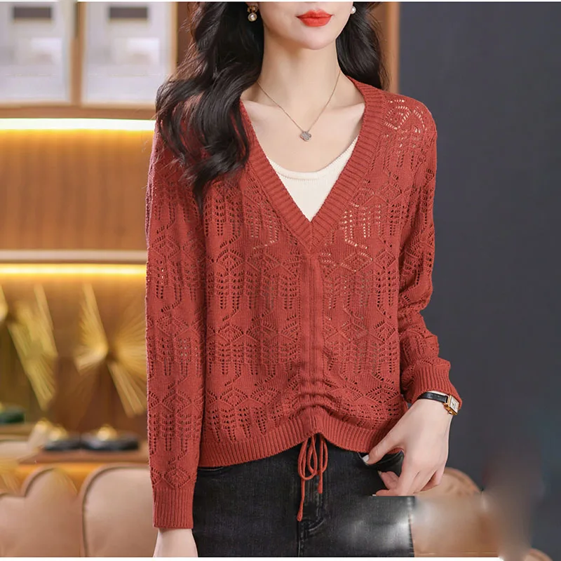 2024 Summer Thin Long Sleeve Hollow Out Pullover Top Women New V-neck Long Sleeve  Pull Jumpers Female Pullovers