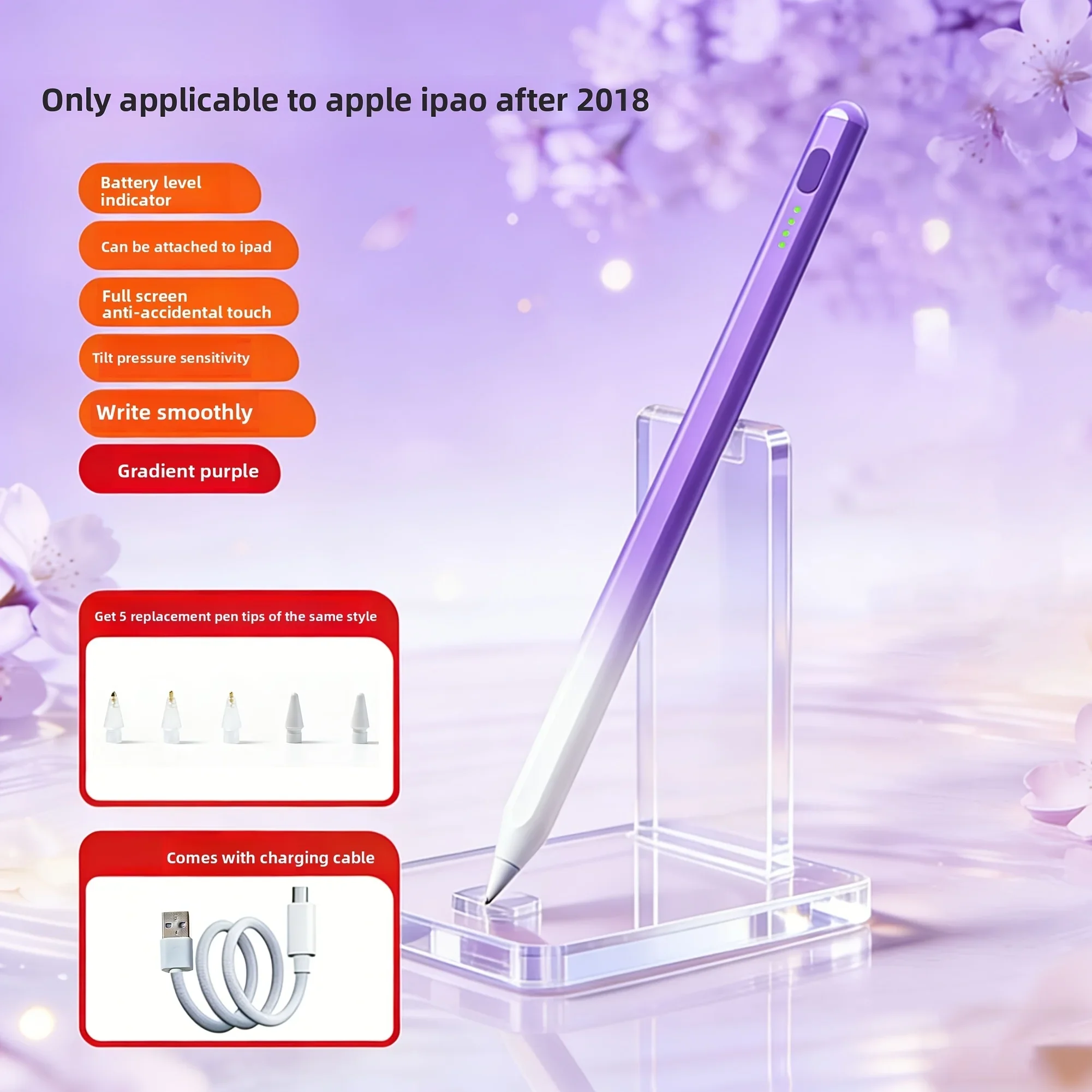 New Capacitive Pen. Suitable for Ipad Capacitive Pen Touch Pen Applicable Apple Tablet Handwriting Pencil. Anti-Mistouch/Tilt Pressure/Battery Display/Writing Sensitivity/Gift 5pcs Same Style Tips/Solely Suitable for 2018 And Later Apple for Ipads