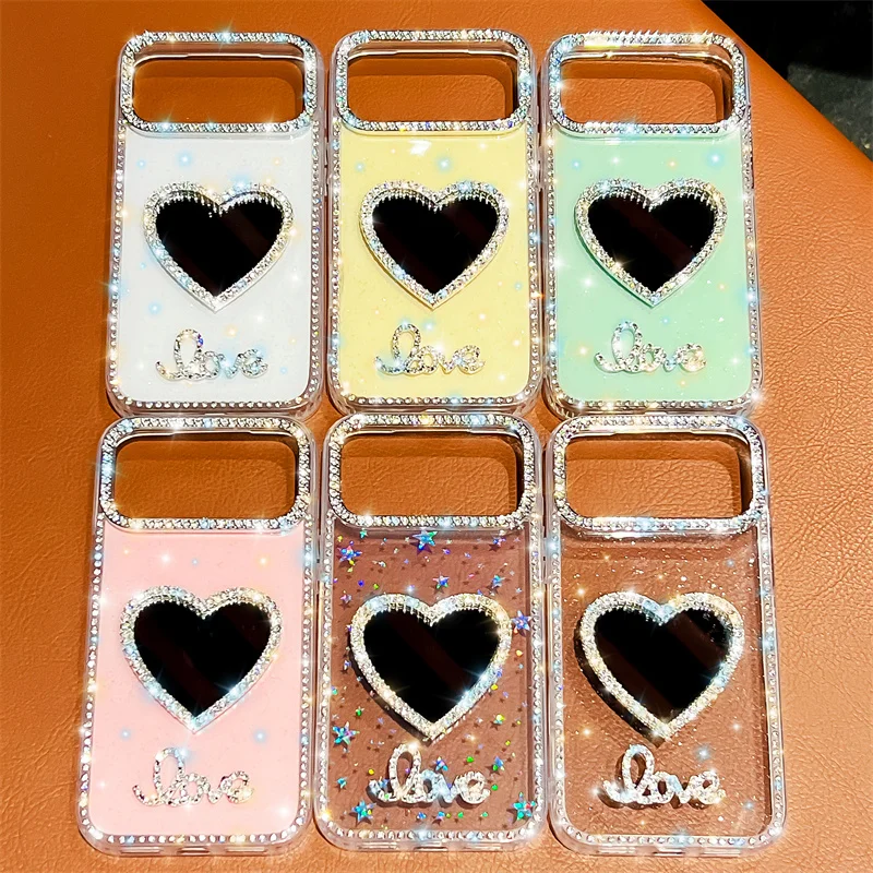 

Diamond frame Glitter clear Phone Case For iphone 17Air 16 Plus 15 14 13 pro max 16e 16promax 15promax 3D Love heart mirror