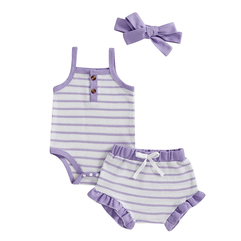 

Baby Girl Shorts Set Striped Half Button-up Spaghetti Strap Romper Ruffle Shorts Tie-up Headband 3 Piece Summer Outfit