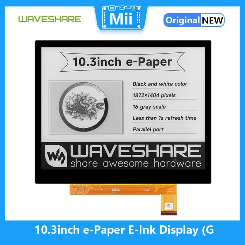 10.3inch e-Paper E-Ink Display (G),Waveshare 1872×1404, Black/White, Optical Bonding Toughened Glass Panel, 2-16 Grey Scales