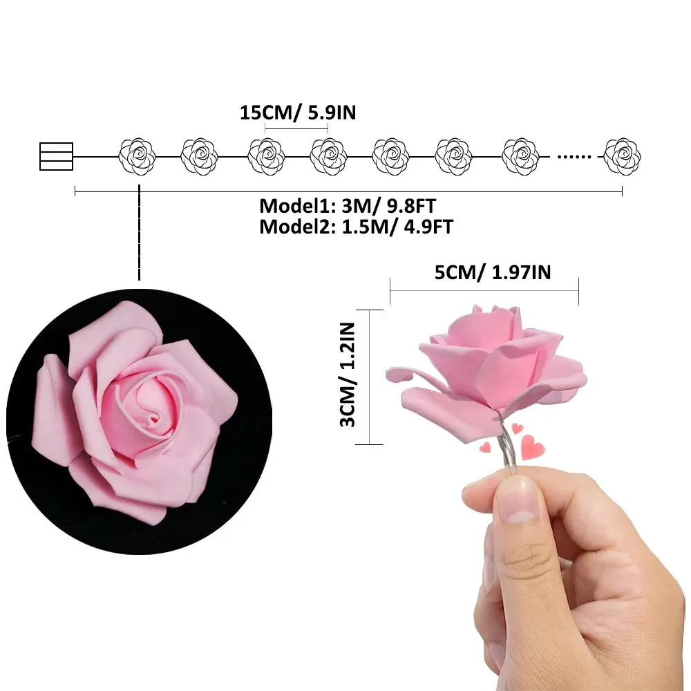 LED Pink Rose Flower String Lights Battery Operated for Wedding Home Party Birthday Festival Indoor Outdoor Decorations