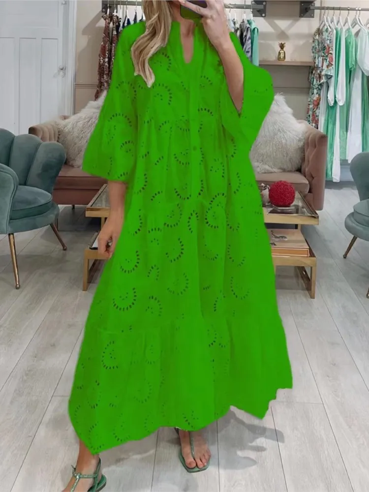 2025 Hollow Outชุดลูกไม้ผู้หญิงฤดูร้อนElegant FlareแขนยาวชุดลําลองหลวมBoho Party Vestidos Para Mujer