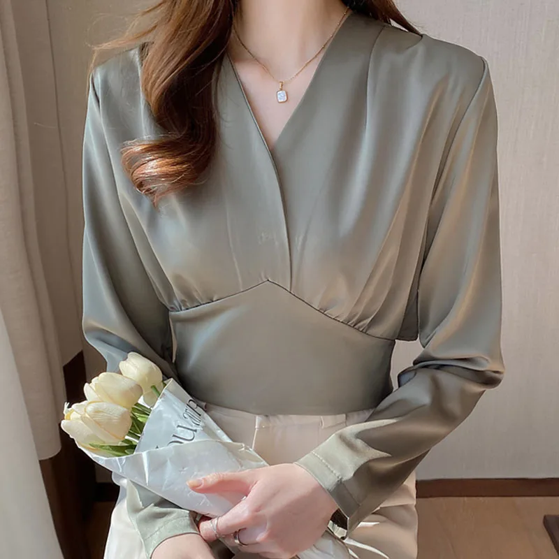 Women Blouses and Shirts Spliced Chiffon 2022 Spring New French Retro Short V-Neck Long Sleeve Top Blusas Female Clothing 1612