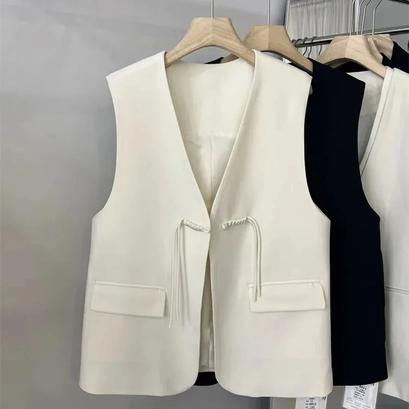 

Fashion Suit Vest Women New2025 Spring Autumn Korean Sleeveless V-Neck Buckle Plate Casual Blazer Waistcoat Vest Coat Female Top