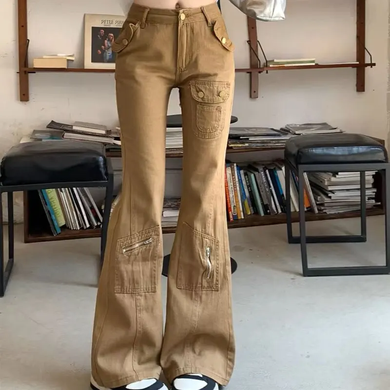 Women's Clothing American Vintage Bootcut Trousers Solid Color Autumn New Slim Cargo Pants Basic Casual Button Fashionable Jeans