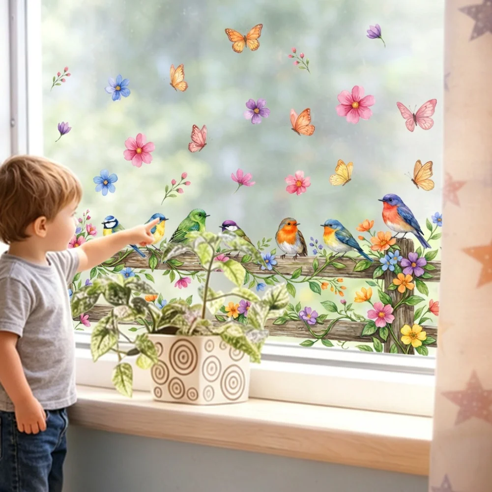Glass Door Decal Bird Floral Sticker For Home Decoration Colorful Static Cling Technology Double-sided Visibility