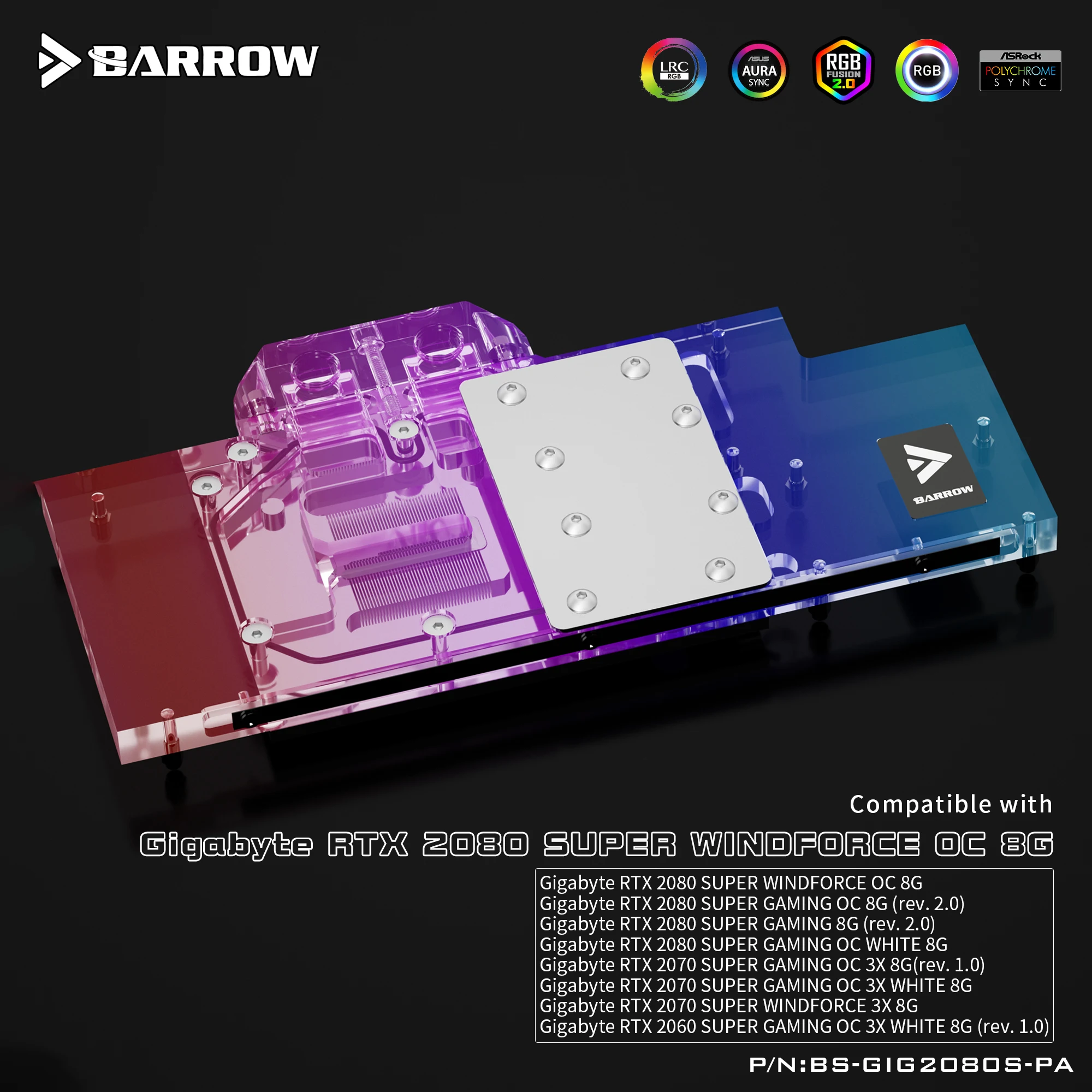 Barrow BS-GIG2080S-PA GPU Water Block For Gigabyte VGA RTX 2080 2070 SUPER GAMING OC Aurora 5V SYNC Full Coverage Cooler