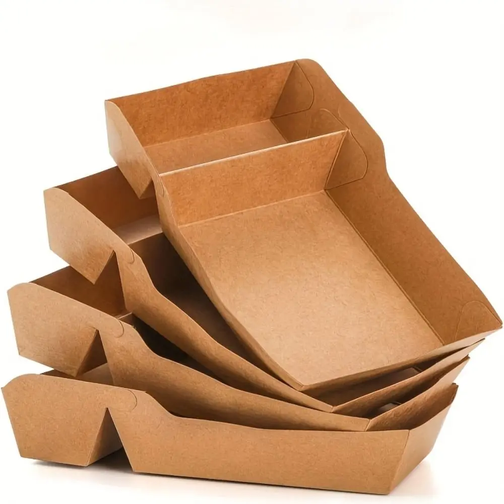 50Pcs Two Grids Disposable Food Serving Tray Eco-Friendly Heat Resistant Kraft Paper Snack Box 320/440/520ML Capacity with Film