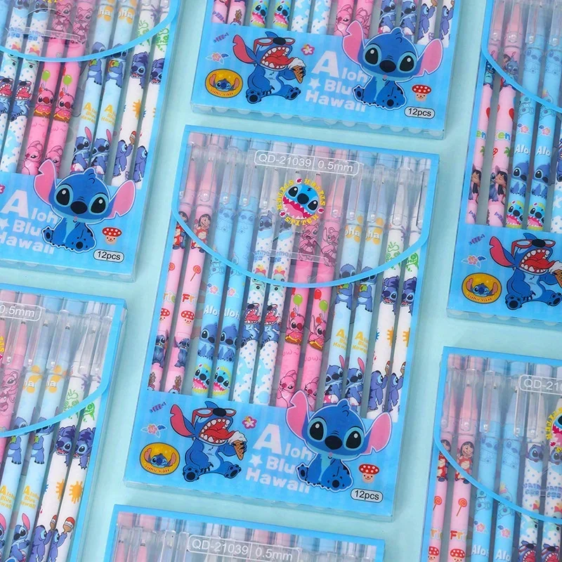 12pcs Cute Cartoon Stitch Erasable Pen Cartoon Cap Pull Pen Creative Student Stationery Black 0.5 Holiday Birthday Gift