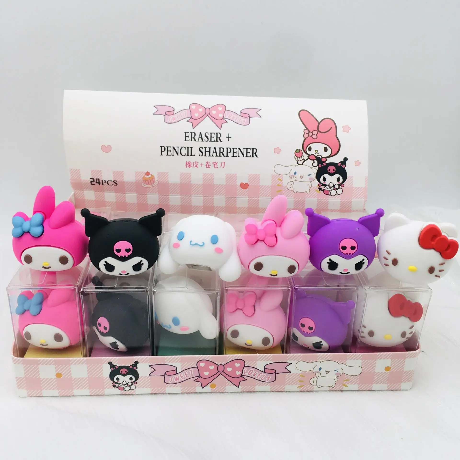 6pcs Kawaii Anime Sanrio Pencil Sharpener Cartoon KuromiMy Melody Eraser and Pencil Sharpener Together