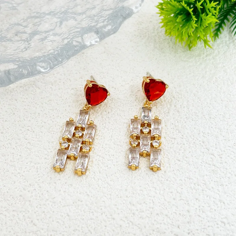 

2024 Korean Trendy New Fashion Tassel Full Rectangle Glasses Dangle Earrings for Women Light Luxury Red Heart Jewelry Gifts