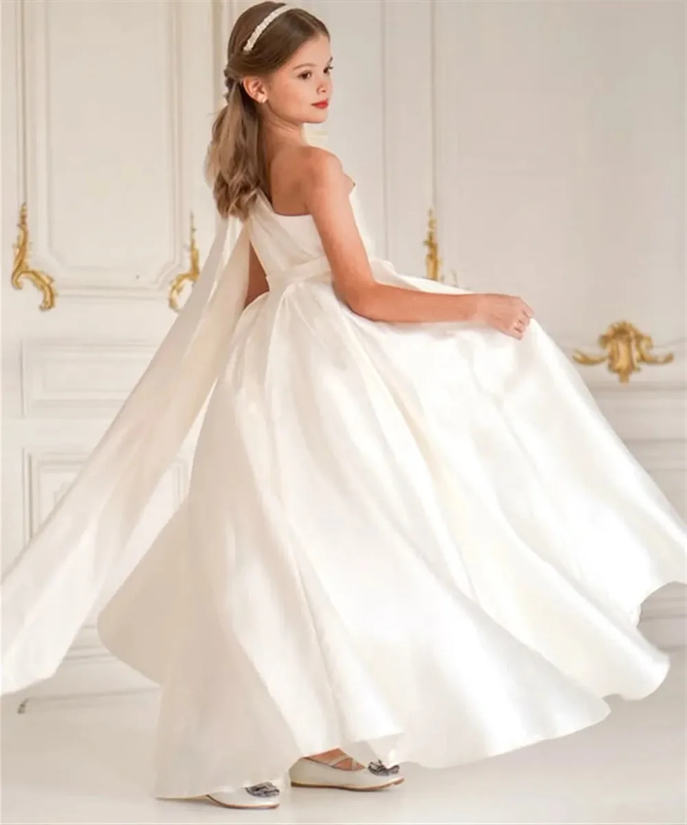 

One Shoulder Flower Girl Dress for Wedding Satin Sleeveless with Bow Girls Pageant Dress Birthday Party First Communion Gown
