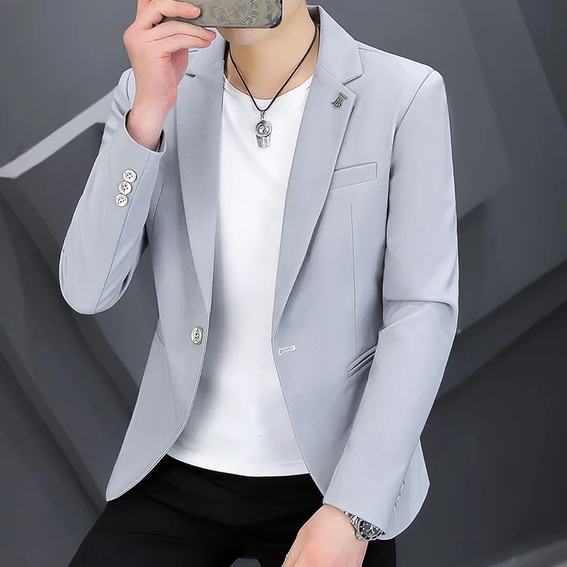 

ay Casual Thin Suit Jaet for Young Men Faionable Urban Sle Long Sve Pure Color Stand Fit Spring Autumn Top