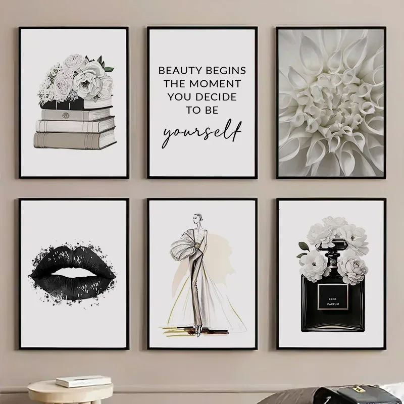 （2D Canvas painting） Wall Art Canvas Painting Perfume Lip Book Flower Girl Black White Fashion Poster Living Room Decoration