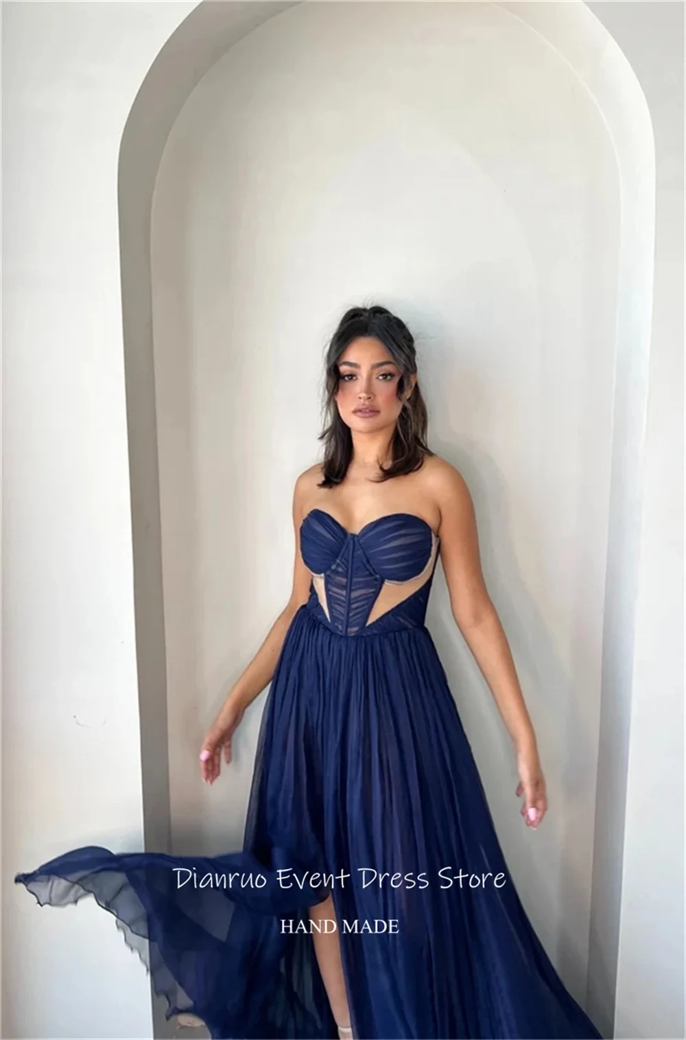 فستان سهرة Dianruo باللون الأزرق الداكن بفتحة عالية على شكل قلب شيفون مطوي فيستدوس بارا موخير رداء طويل مثير Soirée فام مخصص