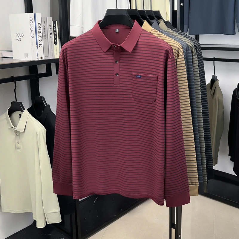 Herren-Polohemd mit langen Ärmeln und Brusttasche, gestreift, lässiger Business-Look, Herbst, Alltag, weich, atmungsaktiv, Herrenbekleidung. – Detail 12