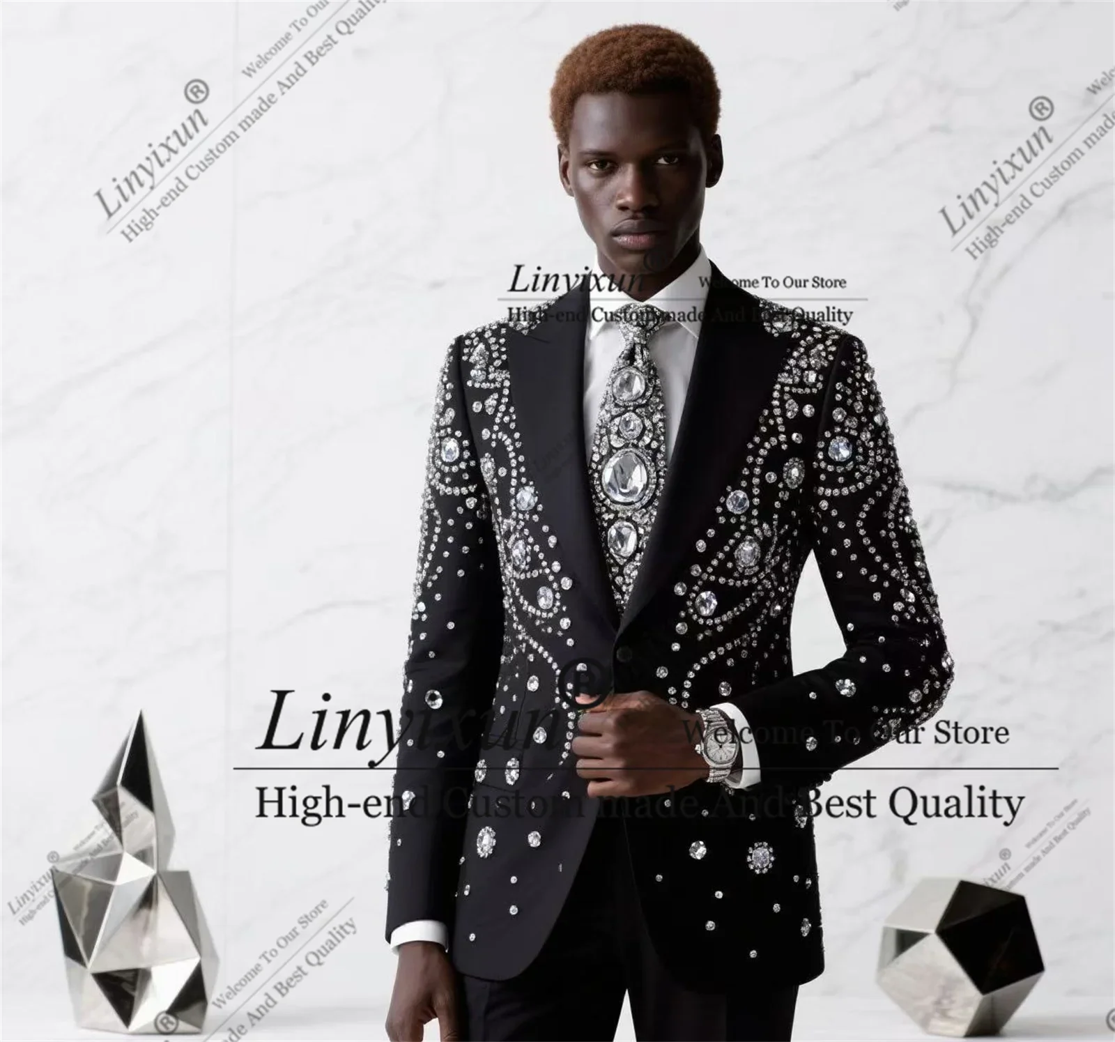 

Роскошные мужские костюмы со стразами и бриллиантами, комплекты из 2 предметов, вечерние блейзеры, облегающий костюм по индивидуальному заказу, Homme, роскошные формальные смокинги для жениха