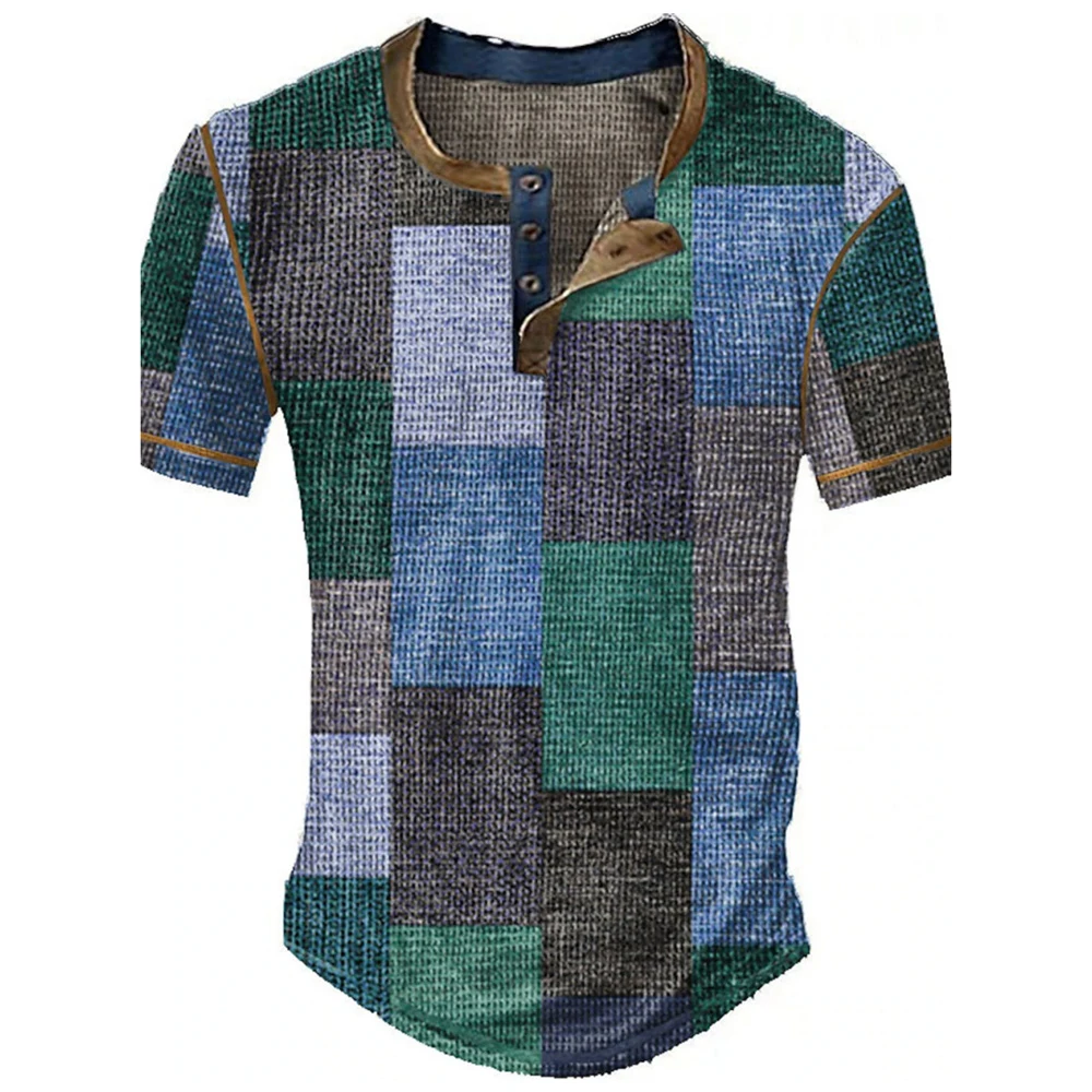 Farbblock-Patchwork Grafik 3D-Druck Henley-Shirts Herren Vintage Mode Übergroße Kurzarm T-Shirts Männer Oberteile Kleidung – Detail 9