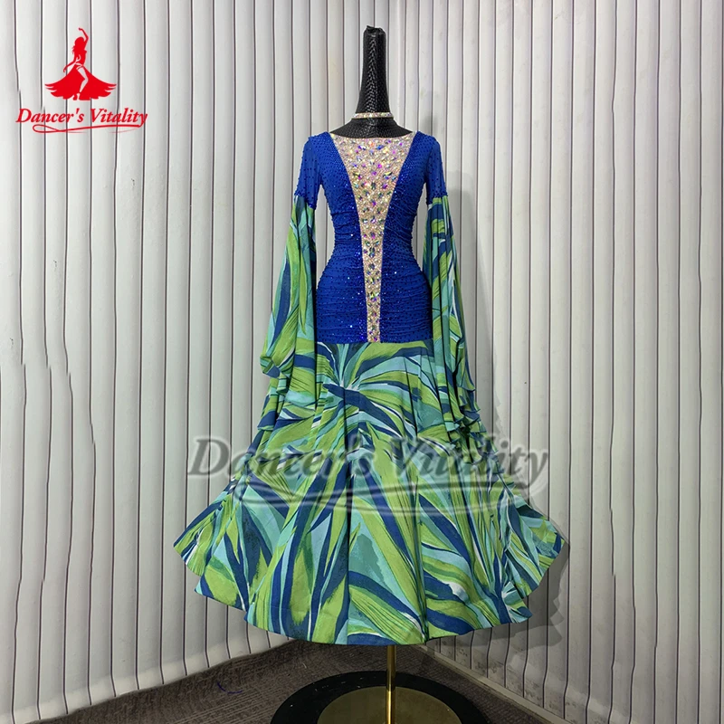 성인 인쇄 쉬폰 호른 슬리브 표준 사회 댄스 대회 여성 왈츠 폭스트롯 의류 맞춤형 빅 스윙 드레스