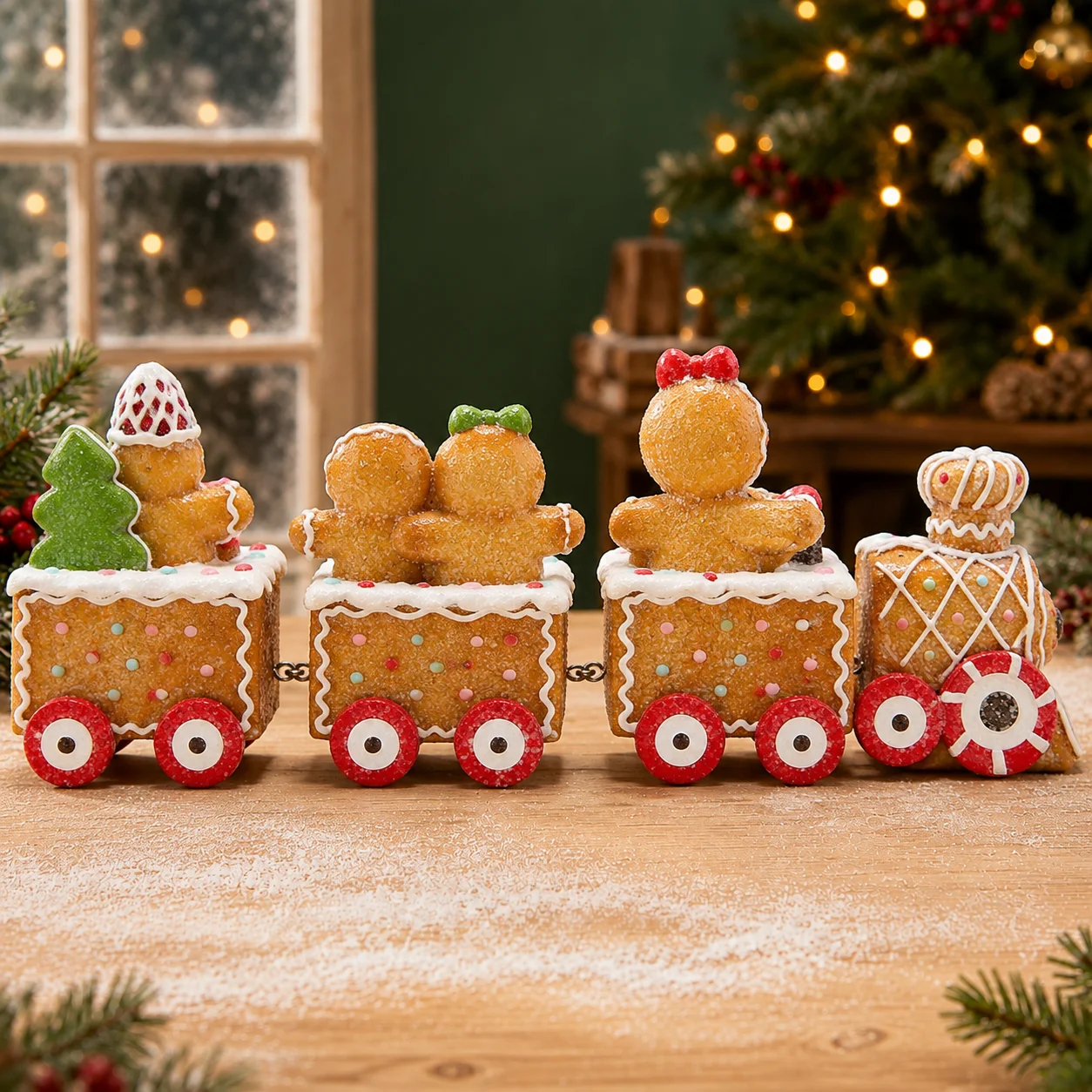 Hodao Resin Gingerbread Christmas Train Figurine Model, 9.25 Inch Holiday Train Decoration with Gingerbread Family, Candy Cane Wheels and Icing Details, Festive Tabletop Model for Mantel Shelf Kitchen Christmas Village Decor and Kid Toy Gift