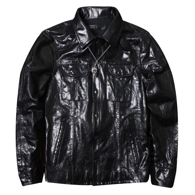 Italian goat skin full vegetable tanned ready to wear heavy water washed uncoated genuine leather shirt men's slim fit jacket
