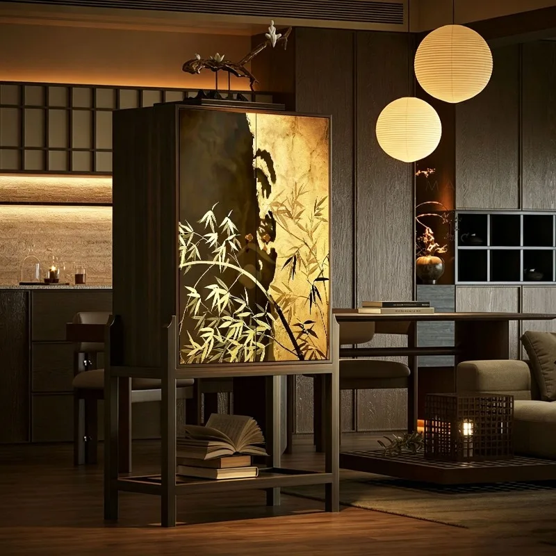 Oriental Aesthetic Black Gold Bamboo Pattern Solid Wood Sideboard Set, Entryway Cabinet Combination for Living Room Storage
