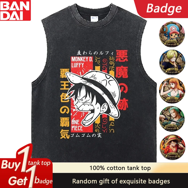 

ONE PIECE Hot Blood Animation Pure Cotton Washed Tank Top 2025 Summer American Trend Fashion Loose Men Retro Tank Top