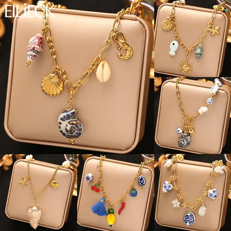 

EILIECK 316L Stainless Steel Ocean Style Shell Conch Starfish Drop Necklace For Women New Summer Beach Handmade Jewelry Gift