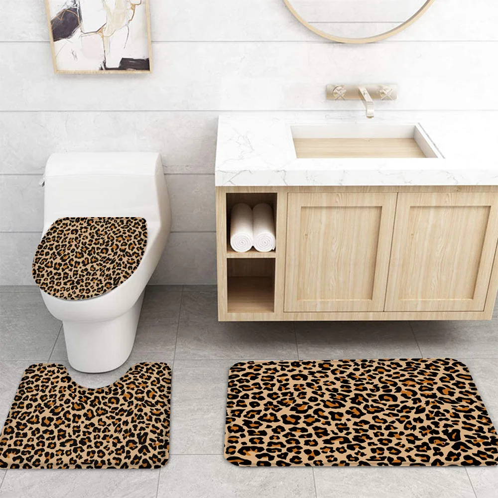 Leopard Print Cheetah Art Pattern Shower Curtain Toilet Seat Cover Set Wc Accessories Mat Bathroom Decor Bath Curtains