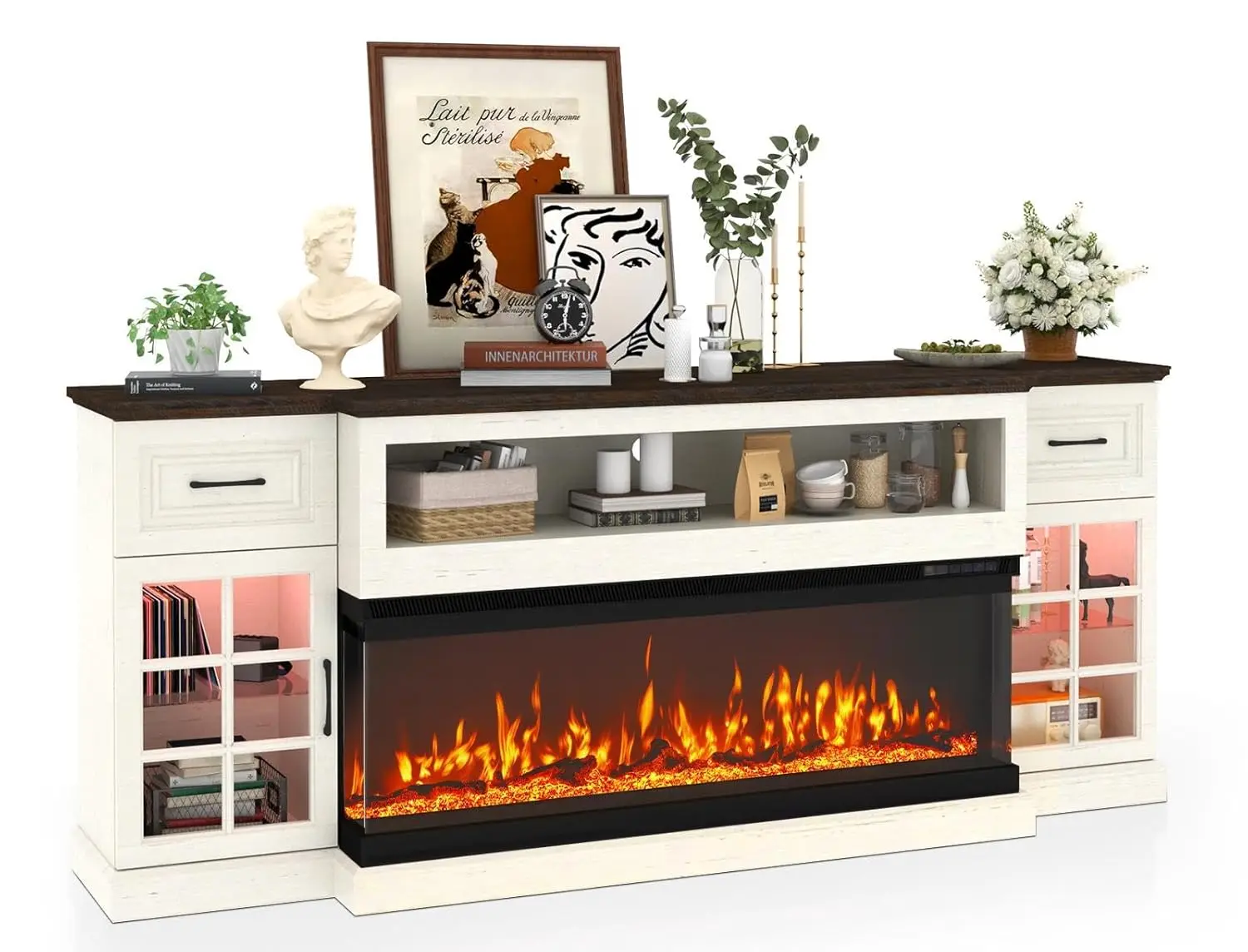 

81" Farmhouse Fireplace TV Stand with 50" 3-Sided Electric Fireplace, LED Storage Entertainment Center for TVs up to 90'',Media