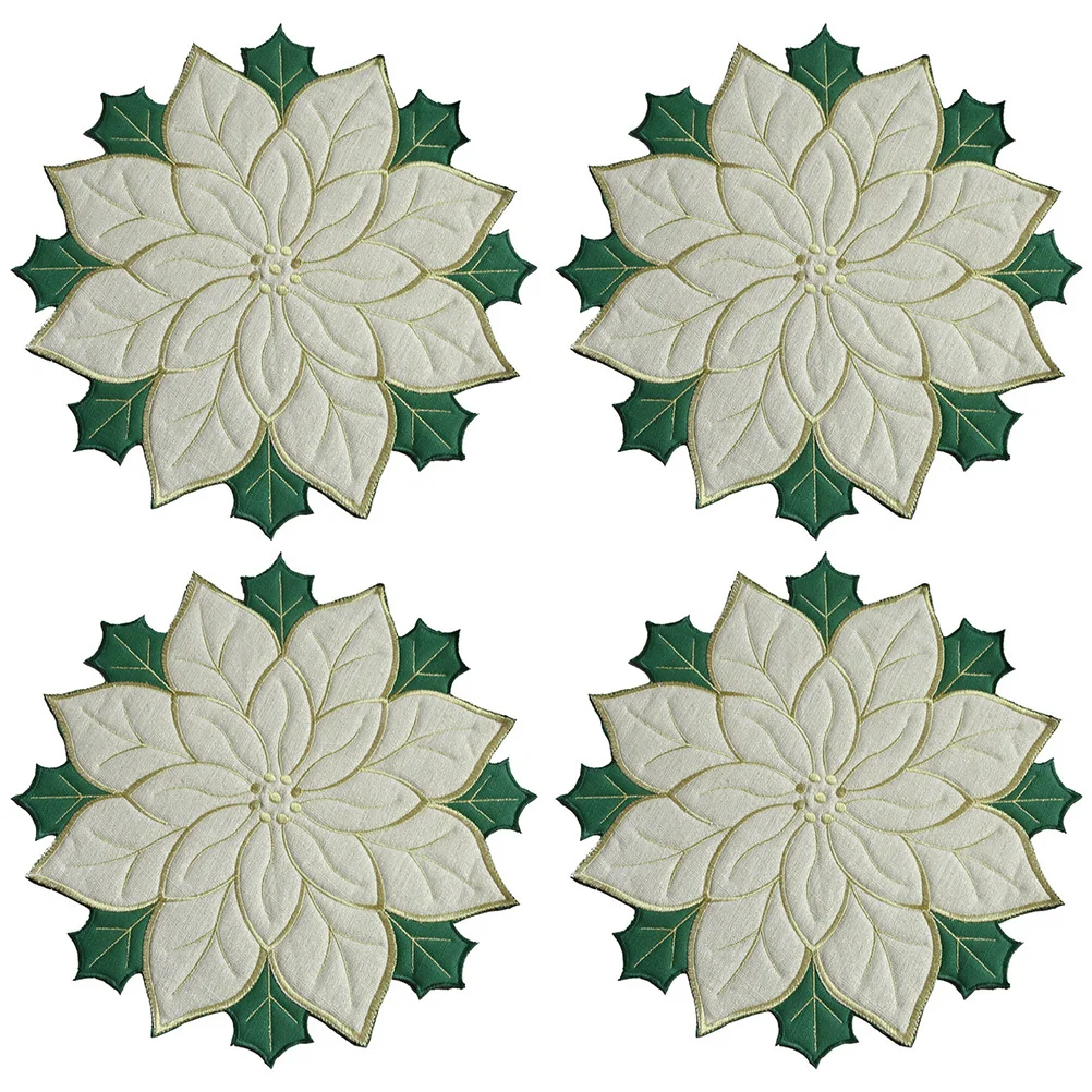 

4Pcs Christmas Insulation Placemats Embroidered Poinsettia Plate Mat Decorative Dining Table Pads Poinsettia Placemat