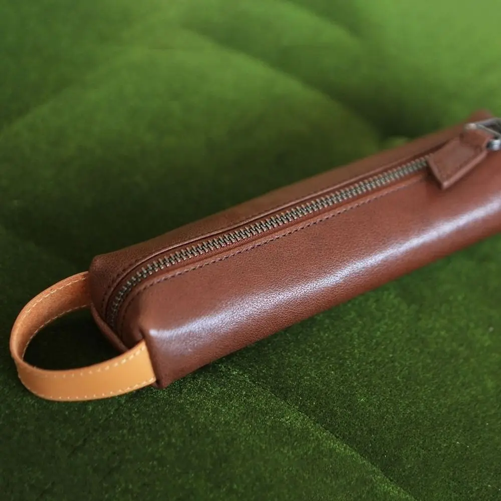 PU Leather Pen Pouch Single Compartment Wrist Loop Pencil Case Waterproof Zipper Closure Stationery Pouch School Office Supplies