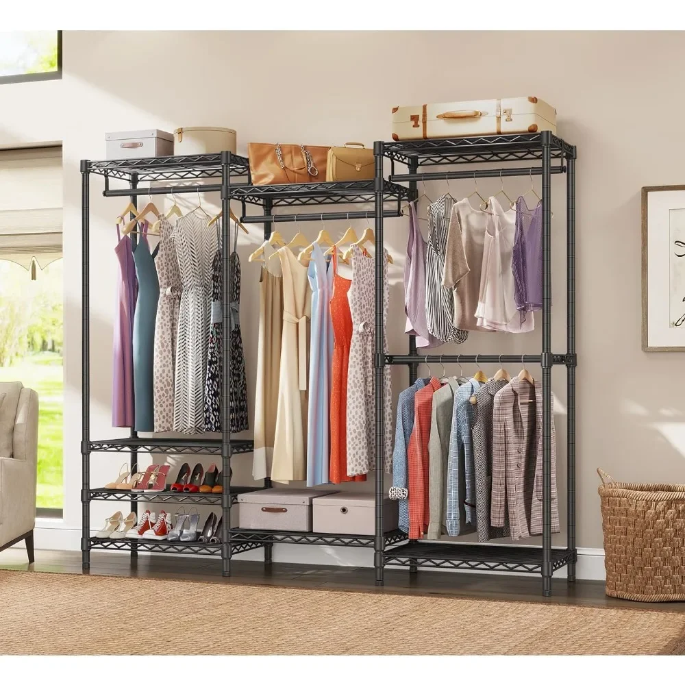 V5 Portable Closet Wardrobe Heavy Duty Clothes Rack,Freestanding Clothing Rack with 4Hang Rods&8Shelves,68.9