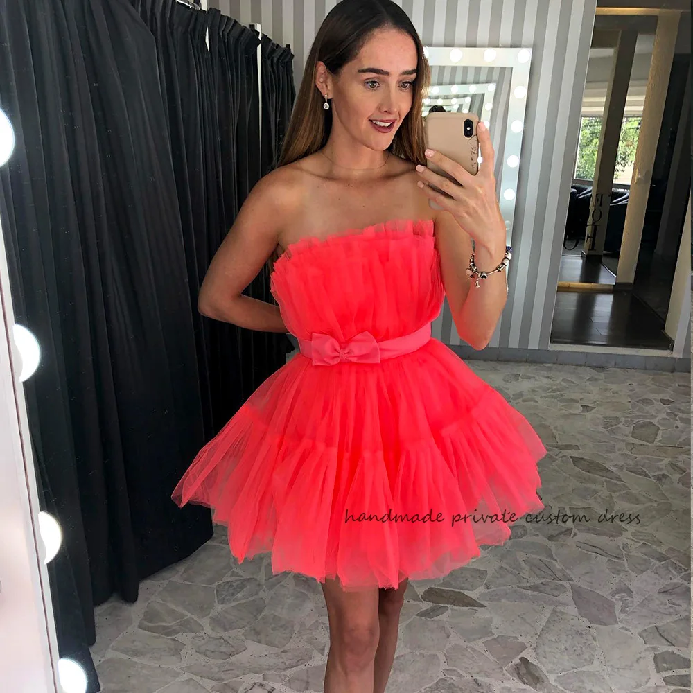 

Sexy Mini Tulle Cocktail Party Dresses Strapless Bow Ribbons A Line Short Homecoming Prom Dress 2023 Girl Graduation Gowns