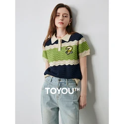 Toyouth-女性の半袖ニットシャツ,カジュアルな服,夏,対照的な色,ストライプ,折り返し襟,新しいコレクション2022