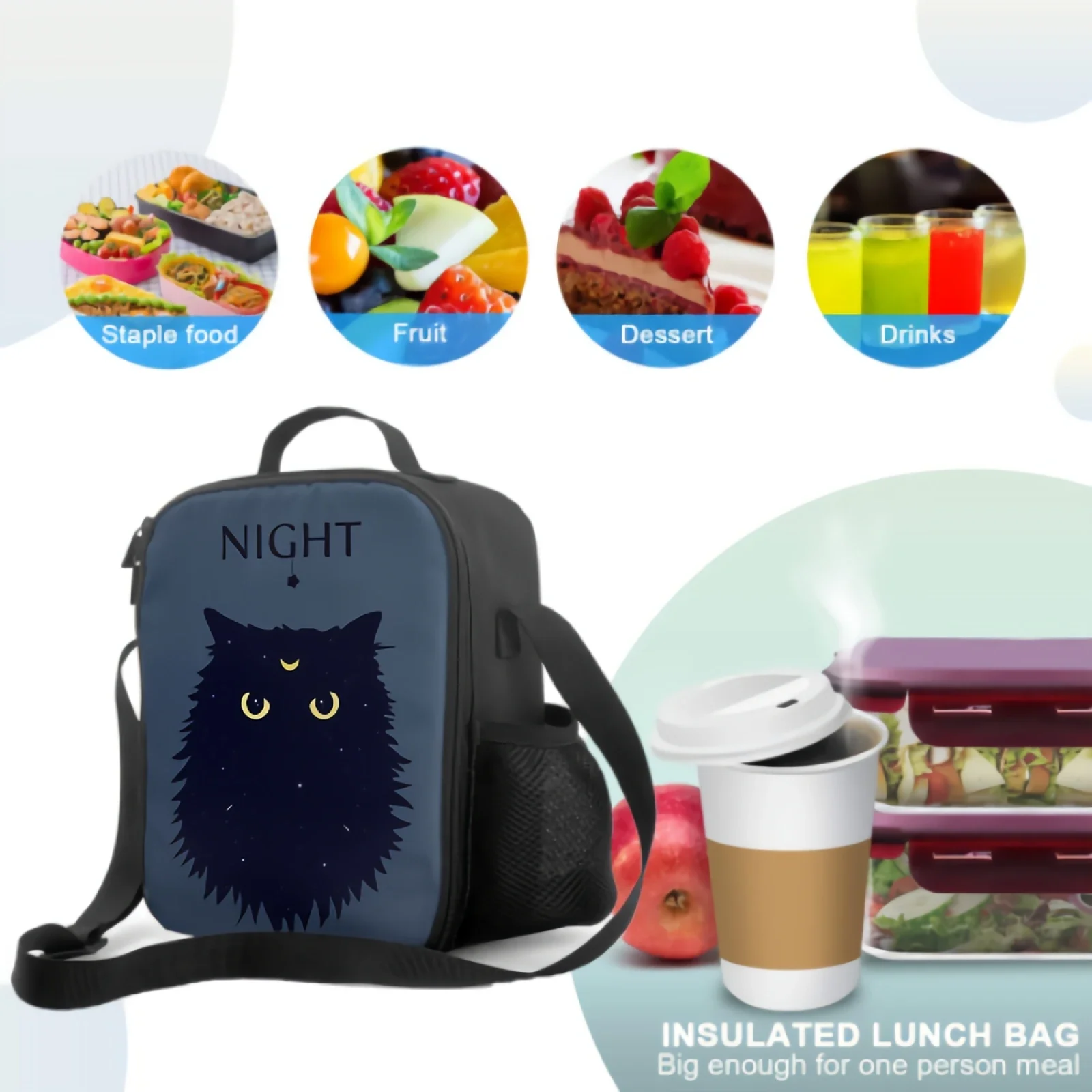 Black Cat Lunch Box Insulated Meal Bag Crescent Moon Symbol Lunch Bag Thermal Food Container for Boys Girls School Travel Picnic