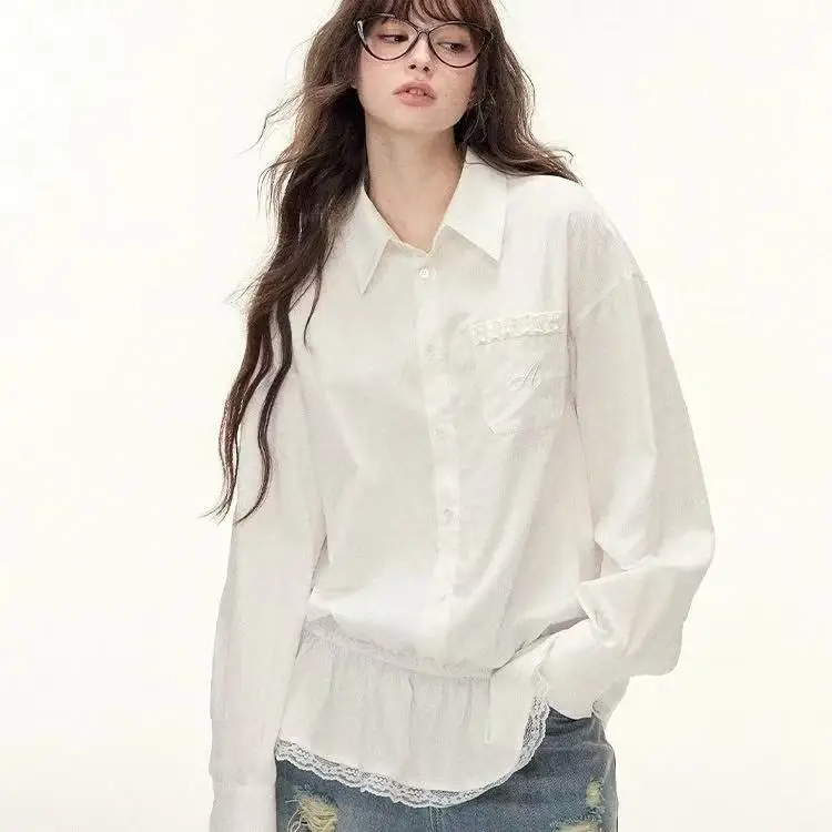 Lace Patchwork A-line Ruffle Top For Women's Autumn Turn-down Collar Korean Long Sleeved Shirt