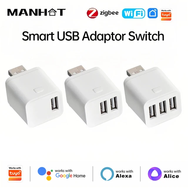 Adapter USB Smart Micro 1 2 3 współpracujący z Tuya WiFi/Zigbee, przełącznik, mini zasilacz USB 5V, kompatybilny z Alexa, Google, Yandex, Alice