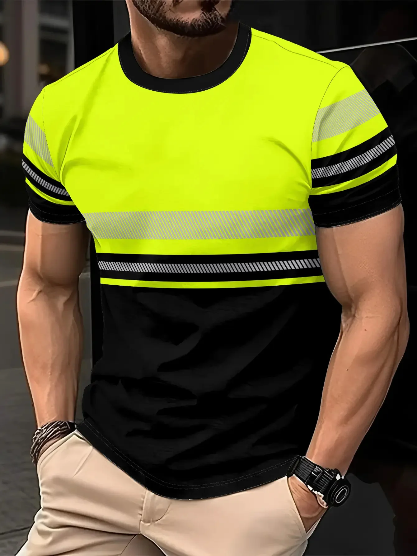 

Мужская неоново-зеленая и черная футболка, дышащая рабочая одежда, с коротким рукавом и желтым полосатым воротником, мужская одежда, футболка, которую можно стирать в машине