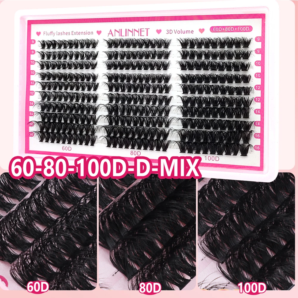 1 caixa de 300 clusters de cílios macios misturados com cílios postiços naturais segmentados enrolados C/D grossos de grande capacidade