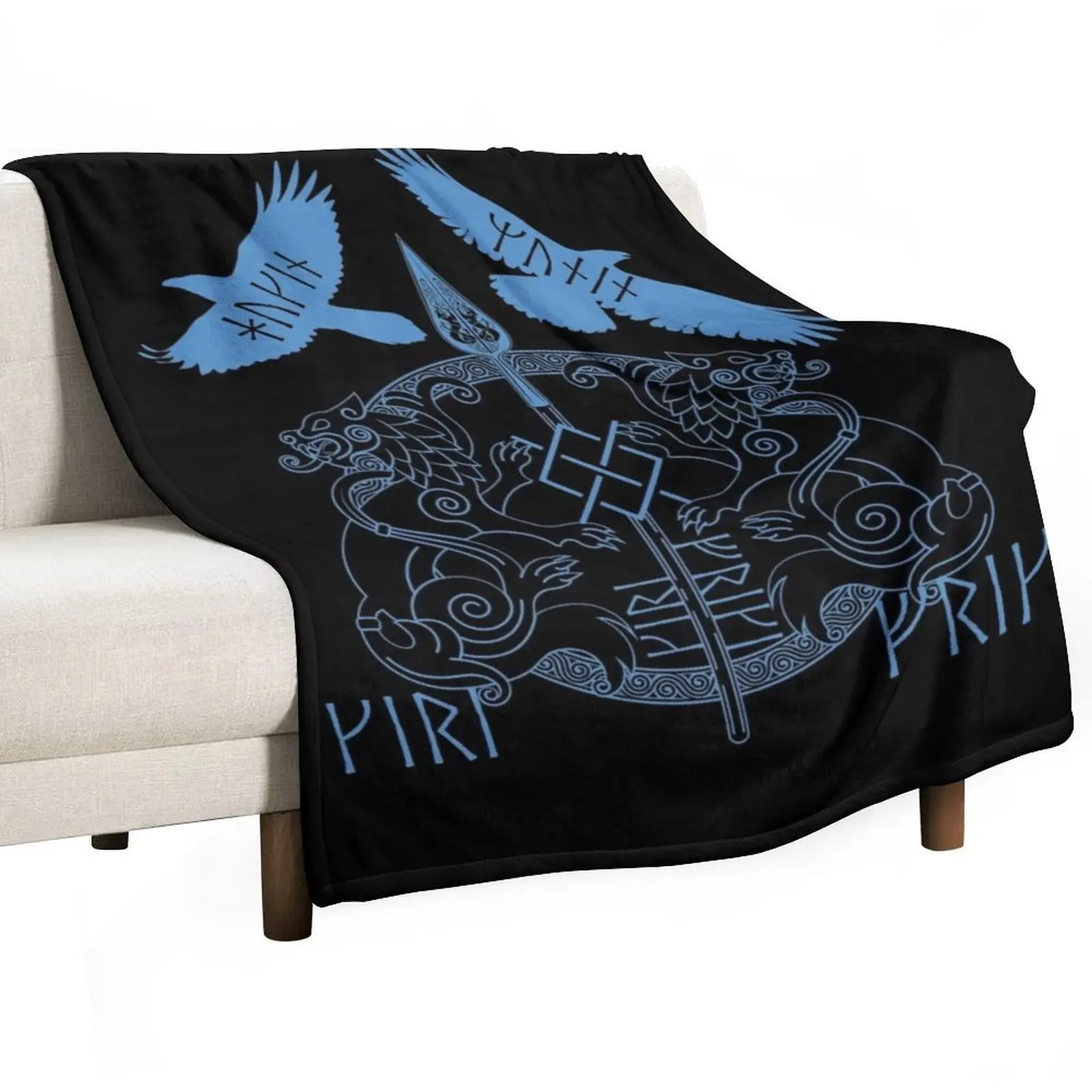 Norse Mythology Spear of Odin Gungnir Runes Geri Freki Huginn Muninn Blue Throw Blanket Blankets For Bed Blankets